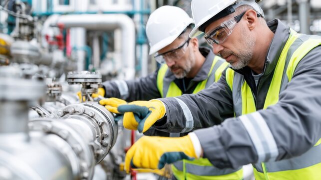 Two male workers in safety gear working on industrial pipes and valves. They are wearing hard hats, safety glasses, and high-visibility vests