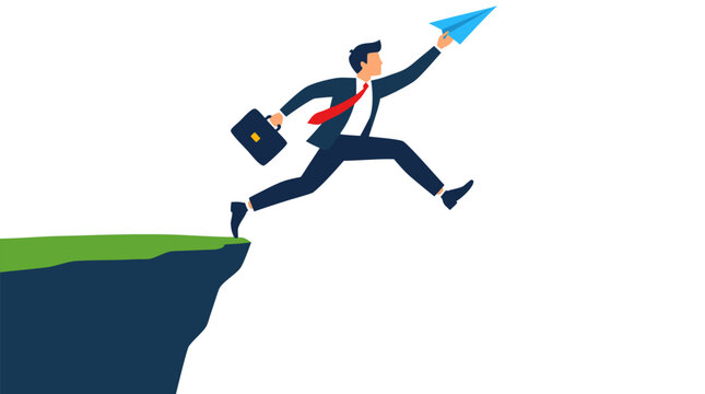 Businessman in suit sprinting past cliff edge leaping into the unknown holding paper airplane raised high, risk taking entrepreneurship concept vector illustration - detailed commercial stock