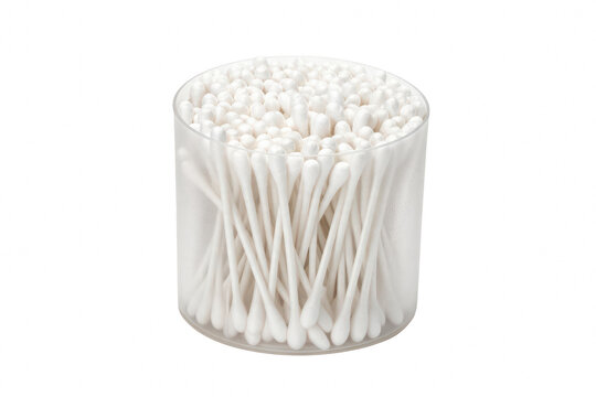 Cylindrical Plastic Container Filled with White Cotton Swabs