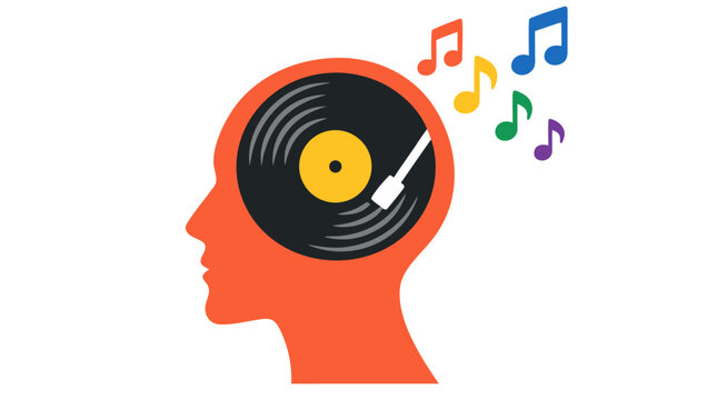 Side profile of orange human head silhouette with colorful vinyl record spinning inside brain area, rainbow musical notes floating upward, flat vector illustration of music in mind concept