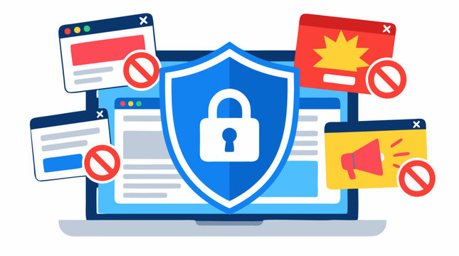 Blue shield icon with security lock blocking pop-up windows and advertisements on laptop screen, digital protection concept, clean modern interface design, ad blocker security software