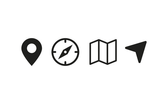 Minimalist black map icons featuring location pin compass folded map and navigation arrow