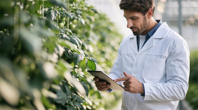 Agricultural scientist examining tomato plants, inputting data into digital tablet