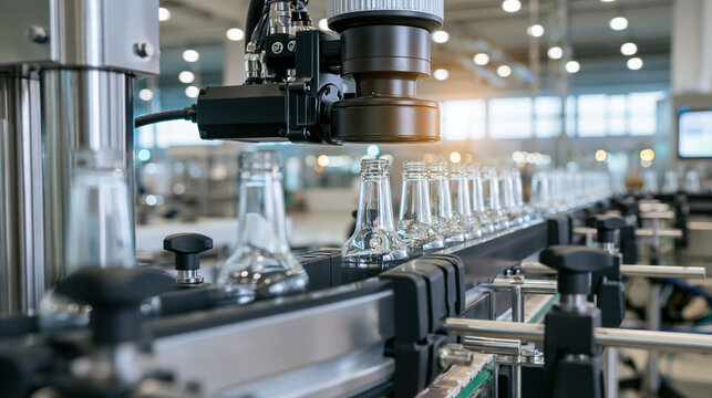 Automated inspection system scanning glass bottles on a modern factory production line