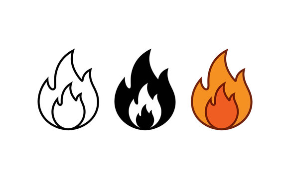 Minimalist fire icons set featuring outline solid and colored flame symbols on white