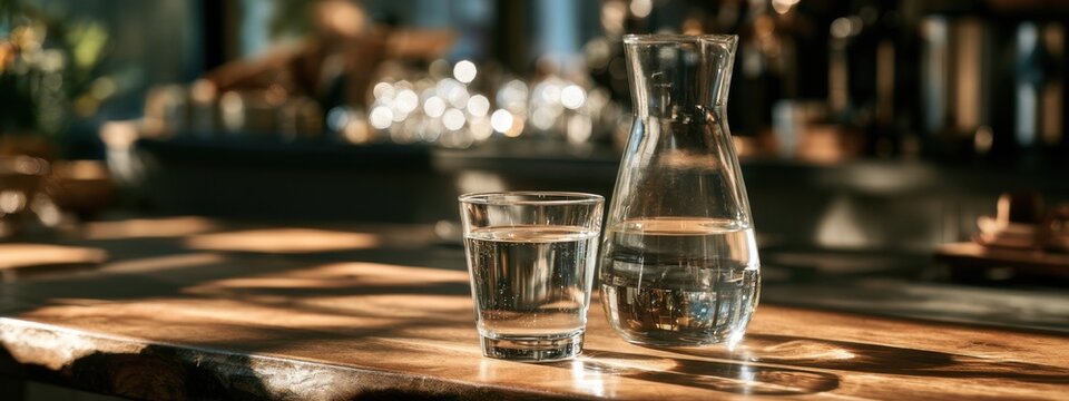 Glass and carafe of water placed on wooden surface in a bright cafe during daytime