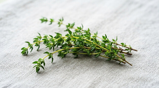 Fresh green thyme sprigs resting on a textured grey linen fabric surface