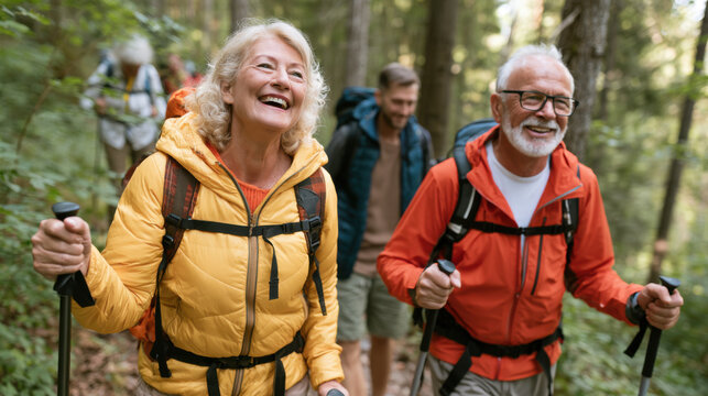 Happy senior friends hiking together on a lush forest trail with trekking poles