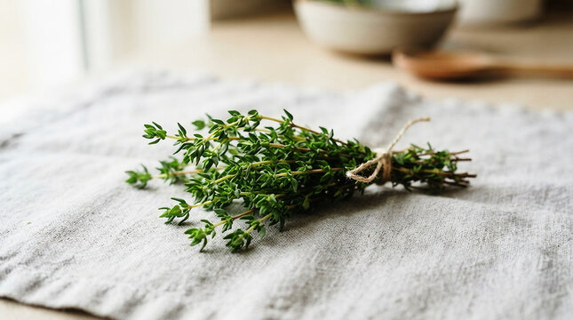 Fresh green thyme sprigs tied with twine on a rustic linen cloth