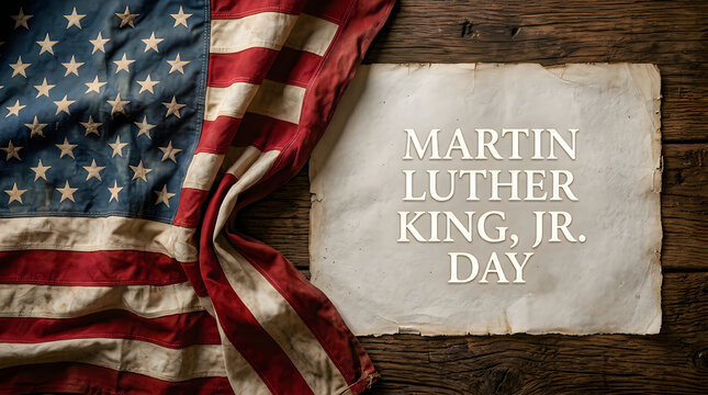 Martin luther king jr day sign with a folded american flag on a dark rustic wooden background table