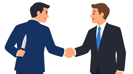 Fototapeta premium Businessman with hidden knife behind back shaking hands with unaware colleague corporate betrayal concept deception treachery two faced partner flat bold vector illustration design