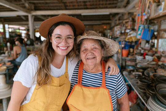 Young traveler makes friends with elderly local artisan in her shop