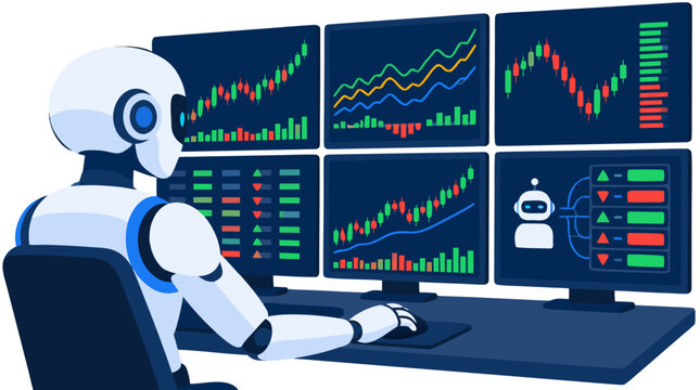Artificial intelligence AI robot trader analyzing live stock market data on multiple screens for automated trading and charts, bold flat color vector illustration on clean solid background