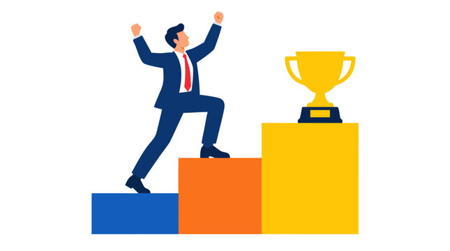 Businessman in blue suit climbing three colorful steps podium to victory with golden trophy cup, success achievement concept, winner champion celebrating arms raised triumph vector illustration