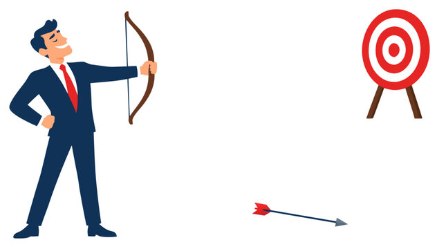 Overconfident businessman in blue suit holding bow and arrow with missed arrow far below red and white target flat vector illustration concept - professional high detailed commercial stock imagery