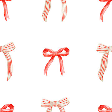 Red Christmas bows watercolor seamless pattern