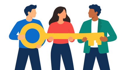 Obraz premium Three diverse business professionals jointly holding large golden key symbol, teamwork partnership success concept, flat vector illustration on clean white background, corporate collaboration