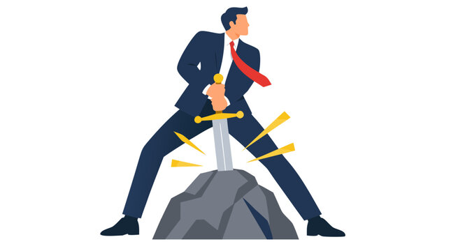 Businessman pulling legendary sword from stone, leadership power and breakthrough success concept, flat vector illustration with golden light rays, corporate achievement metaphor