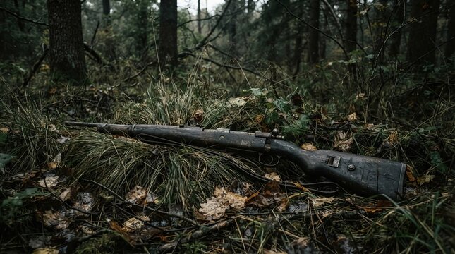 Abandoned rifle lying in tall forest grass with scattered leaves, moody desaturated tones