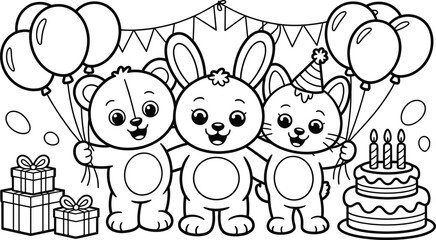 Fototapeta premium Cute, animal, friends, celebrating, birthday, party, with, balloons, cake, presents, line, art, illustration, for, kids, coloring, page, vector, isolated, background.