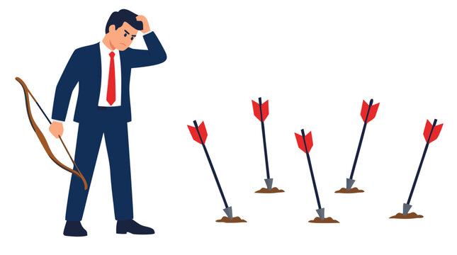 Frustrated businessman holding a bow looking at arrows stuck in the ground missing target concept of failed goals and missed objectives flat vector illustration style - detailed commercial stock