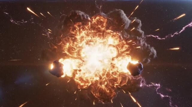 Radiant space vortex pulls red projectile toward its brilliant center. Violent energy burst follows with purple lightning, expanding flames, smoke and scattered debris in dramatic sci fi style.