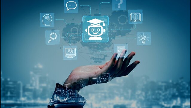 Hand Reaching Out to Virtual Icons Representing Technology, Education, and Communication in a Digital Environment. Entropy.