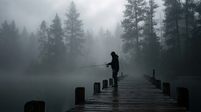 Silhouette of a fisherman on a pier amid dense fog and towering pines, muted palette, haunting mood