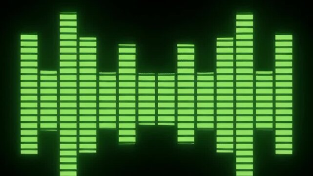 Glowing green music equalizer spectrum visualizer on black background for audio and sound design