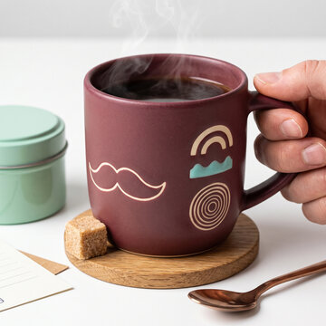 Hand holding Movember themed coffee mug with steam on wooden coaster  