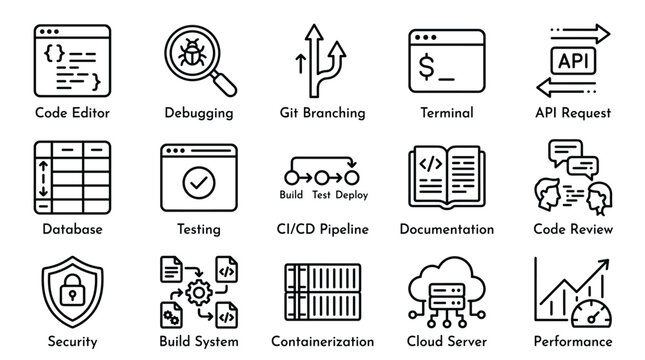 Software development and programming outline icons for code editor, debugging, Git branching, terminal, and API request.