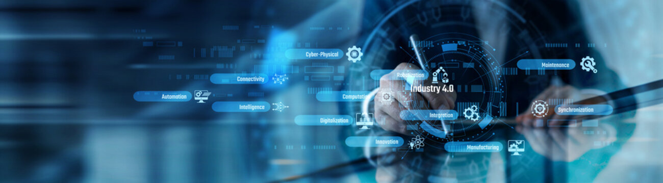 A smart factory manager working on tablet and digital twin point of manufacturing efficiency. Industry 4.0 implementation strategies and automation integration. Real-time production control.