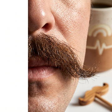 Close-up of a man's mustache with a coffee cup in the background  