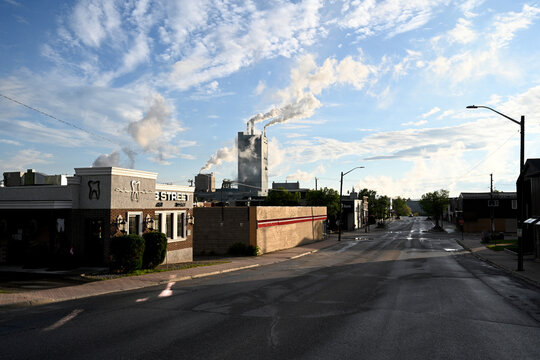 Dryden, ON, Canada - July 1, 2026: Street the city of Dryden and  Dryden pulp mill in Ontario, Canada.