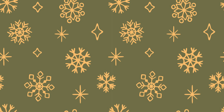 Winter snowflakes seamless pattern. Hand drawn snow crystal background. Cute ice snow flakes. Cold snow season design. Cozy flat vector illustration.