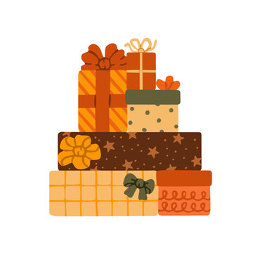 Stack of wrapped Christmas gifts with bows, ribbons, patterns. Hand drawn Xmas present boxes isolated on a white background. Festive holiday surprise for special occasion. Flat vector illustration.