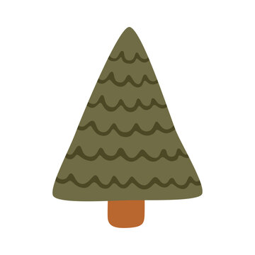 Simple Christmas pine tree. Hand drawn Xmas evergreen plant. Stylized conifer isolated on white background. Perfect for holiday decor, cards, and patterns. Flat vector illustration.