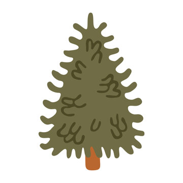 Hand drawn Christmas pine tree. Xmas evergreen tree, woodland plant. Stylized conifer isolated on white background. Cute for holiday decor, cards, and wallpaper design. Flat vector illustration.