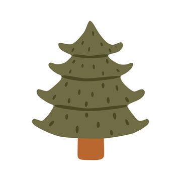 Cute Christmas tree. Hand drawn Xmas pine tree, evergreen plant. Stylized conifer isolated on white background. Cozy for holiday decor, cards, and pattern design. Flat vector illustration.