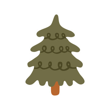 Christmas pine tree isolated on white. Hand drawn Xmas evergreen tree, woodland plant. Cute conifer with curly doodles. Festive holiday decor, cards, and pattern design. Flat vector illustration.