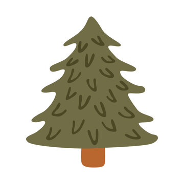 Christmas tree isolated on white background. Hand drawn Xmas pine tree, evergreen plant. Cute woodland conifer. For festive holiday decor, cards, and pattern design. Flat vector illustration.