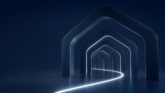Futuristic blue glowing arch corridor tunnel