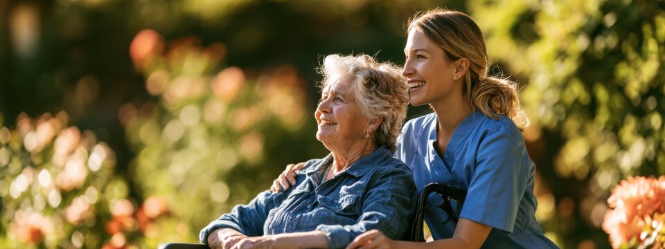 Caregiver and elderly woman enjoy time together in a garden filled with flowers during a sunny afternoon