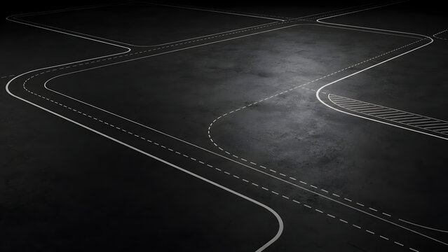 Autonomous driving testing ground with road lines on dark asphalt