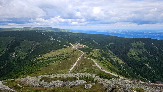 High angle view of Dom Slaski shelter and trails on Rownia pod Sniezka in Karkonosze