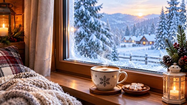 Cozy winter scene featuring a steaming mug and cookies on a windowsill