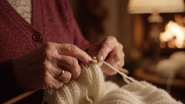 Senior woman knits cream yarn with steady hands, focused and calm beside fireplace in cozy rustic style. Older adult craftswoman works on soft textile during warm evening light, forming rows of