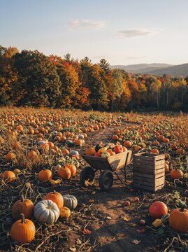 Rustic wheelbarrow filled with colorful pumpkins and gourds in an autumn pumpkin patch with fall foliage