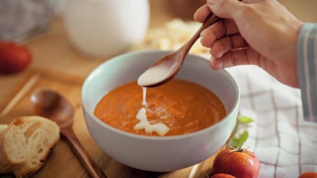 A girl adds milk cream to autumn soup on a textured wooden table inside a home kitchen, representing the process of preparing a warm, homemade meal during daylight hours