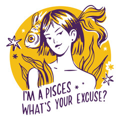 Obraz premium Pisces horoscope fish and girl badge